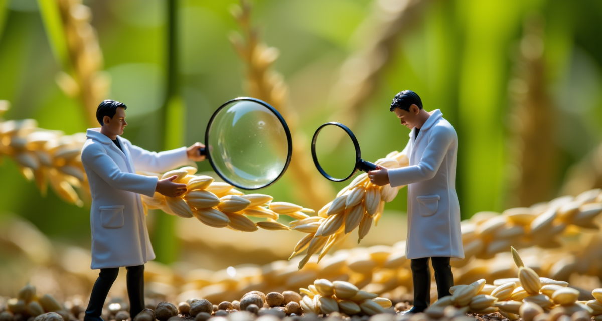 a_macro_scene_featuring_tiny_agricultural_scientists_in_white_lab_coats_examining_large_rice_seeds__aw1lyduvvppba03iurct_0